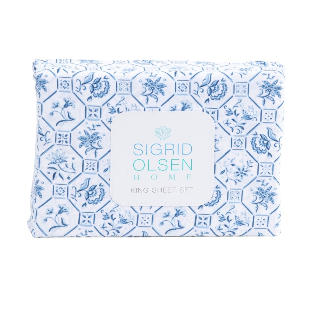 Sigrid Olsen‎ Home Queen Sheet Set Blue White Floral Tile NWT
